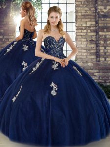 Hot Sale Sweetheart Sleeveless Sweet 16 Dress Floor Length Beading and Appliques Navy Blue Tulle