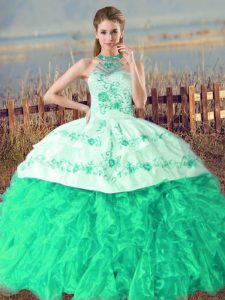 Sweet Halter Top Sleeveless Organza Ball Gown Prom Dress Embroidery and Ruffles Court Train Lace Up