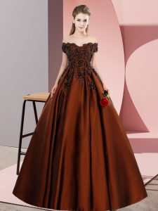 Captivating Brown Zipper Off The Shoulder Lace and Appliques Ball Gown Prom Dress Satin Sleeveless
