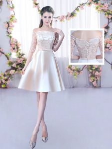 Romantic Champagne A-line Satin Off The Shoulder Half Sleeves Lace and Belt Mini Length Lace Up Dama Dress for Quinceanera