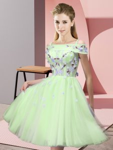 Yellow Green Tulle Lace Up Dama Dress for Quinceanera Short Sleeves Knee Length Appliques