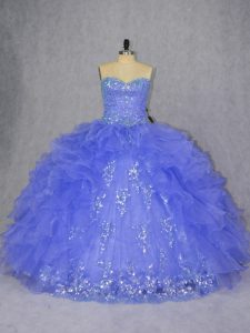 Sexy Purple Ball Gowns Sweetheart Sleeveless Organza Floor Length Lace Up Appliques and Ruffles Ball Gown Prom Dress