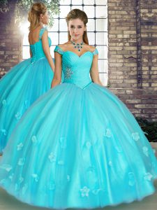 Off The Shoulder Sleeveless Quinceanera Dresses Floor Length Beading and Appliques Aqua Blue Tulle