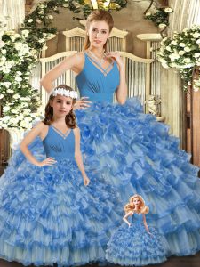 Blue Organza Backless V-neck Sleeveless Floor Length Sweet 16 Quinceanera Dress Ruffled Layers and Ruching