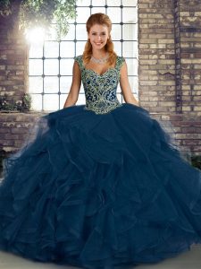 Cute Sleeveless Tulle Floor Length Lace Up Ball Gown Prom Dress in Blue with Beading and Ruffles