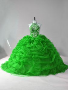 Elegant Green Ball Gowns Beading and Pick Ups 15th Birthday Dress Lace Up Organza Sleeveless