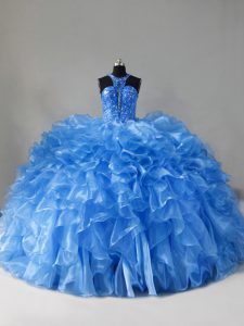 Extravagant Blue Organza Zipper Scoop Sleeveless Quinceanera Gown Brush Train Beading and Ruffles