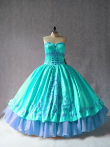 Flare Aqua Blue Sleeveless Floor Length Embroidery Lace Up 15 Quinceanera Dress