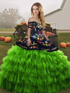 Sleeveless Organza Floor Length Lace Up Ball Gown Prom Dress in Green with Embroidery and Ruffled Layers