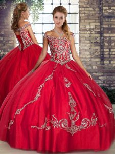 Extravagant Red Off The Shoulder Lace Up Beading and Embroidery Sweet 16 Dress Sleeveless