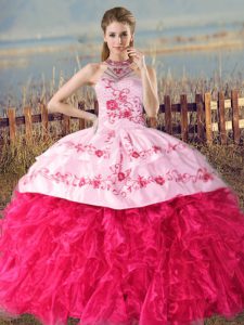 Artistic Halter Top Sleeveless Court Train Lace Up Sweet 16 Dresses Hot Pink Organza