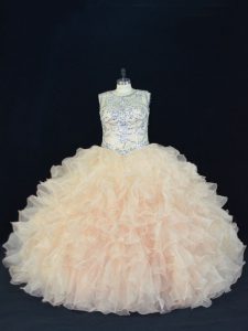 Ball Gowns 15 Quinceanera Dress Champagne Scoop Organza Sleeveless Floor Length Lace Up