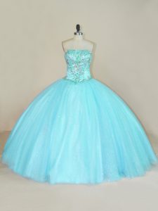 Glittering Aqua Blue Sleeveless Beading Floor Length Quinceanera Dress