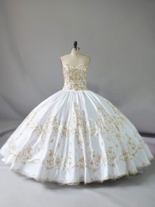 Traditional White Ball Gowns Embroidery Sweet 16 Quinceanera Dress Lace Up Satin Sleeveless Floor Length