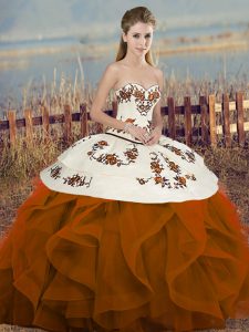 Floor Length Rust Red 15th Birthday Dress Tulle Sleeveless Embroidery and Ruffles and Bowknot