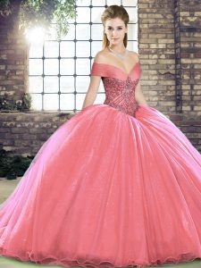 Classical Watermelon Red Ball Gowns Off The Shoulder Sleeveless Organza Brush Train Lace Up Beading Vestidos de Quinceanera