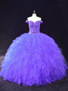 Superior Purple Sleeveless Floor Length Beading Lace Up Quinceanera Dresses