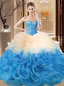 Sweetheart Sleeveless Organza and Fabric With Rolling Flowers Quince Ball Gowns Beading and Ruffles Lace Up