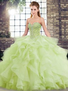 New Style Yellow Green Lace Up Sweetheart Beading and Ruffles Sweet 16 Quinceanera Dress Tulle Sleeveless Brush Train