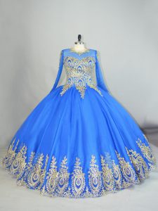 Pretty Tulle High-neck Long Sleeves Lace Up Beading and Appliques Sweet 16 Dresses in Blue