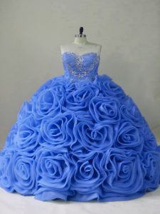 Most Popular Blue Lace Up Sweet 16 Dress Beading Sleeveless Brush Train