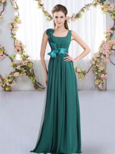 Glamorous Sleeveless Chiffon Floor Length Zipper Dama Dress for Quinceanera in Peacock Green with Belt and Hand Made Flower