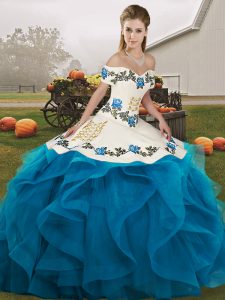 Amazing Sleeveless Tulle Floor Length Lace Up Quinceanera Gowns in Blue And White with Embroidery and Ruffles