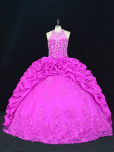 Delicate Fuchsia Ball Gowns Halter Top Sleeveless Taffeta Floor Length Lace Up Beading and Appliques and Pick Ups Quinceanera Gown
