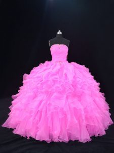 Stunning Pink and Rose Pink Organza Lace Up Strapless Sleeveless Floor Length Quinceanera Dress Beading and Ruffles