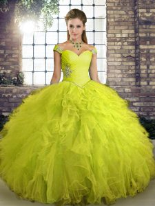Stylish Off The Shoulder Sleeveless 15 Quinceanera Dress Floor Length Beading and Ruffles Yellow Green Tulle