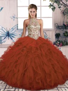 Ideal Rust Red Tulle Lace Up Quinceanera Gowns Sleeveless Floor Length Beading and Ruffles