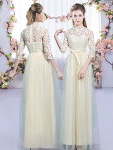 High-neck Half Sleeves Damas Dress Floor Length Lace and Bowknot Champagne Tulle