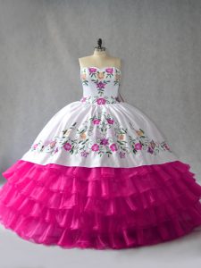 Fuchsia Sweetheart Neckline Embroidery and Ruffled Layers Ball Gown Prom Dress Sleeveless Lace Up