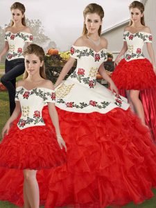 Delicate White And Red Sleeveless Organza Lace Up Quinceanera Dresses for Military Ball and Sweet 16 and Quinceanera