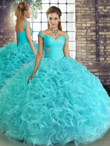 Aqua Blue Off The Shoulder Lace Up Beading Quinceanera Dresses Sleeveless