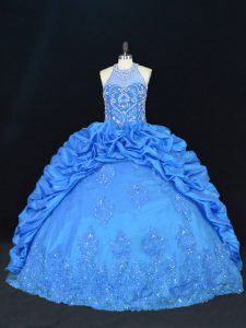New Style Blue Halter Top Lace Up Beading and Appliques and Embroidery and Pick Ups Quinceanera Dresses Sleeveless