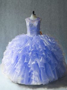 Fantastic Lavender Lace Up Scoop Beading and Ruffles 15th Birthday Dress Organza Sleeveless