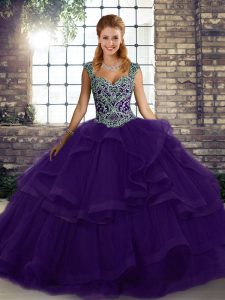 Suitable Purple Sleeveless Tulle Lace Up Quinceanera Gowns for Military Ball and Sweet 16 and Quinceanera