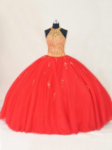Red Ball Gowns Halter Top Sleeveless Tulle Floor Length Lace Up Beading and Appliques Quinceanera Gown