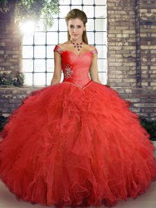Fine Orange Red Ball Gowns Beading and Ruffles Quinceanera Gowns Lace Up Tulle Sleeveless Floor Length