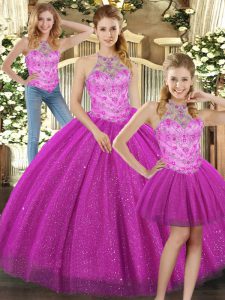 Latest Sleeveless Tulle Floor Length Lace Up Quinceanera Gowns in Fuchsia with Beading