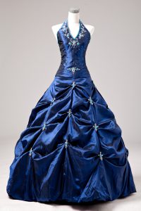 Custom Fit Sleeveless Taffeta Floor Length Lace Up 15th Birthday Dress in Royal Blue with Appliques and Pick Ups