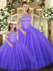 Dramatic Halter Top Sleeveless Lace Up Quinceanera Gowns Lavender Tulle
