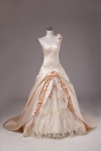 Sleeveless Embroidery and Hand Made Flower Lace Up Sweet 16 Dress with Champagne Brush Train