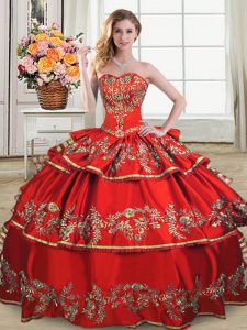 Affordable Red Sleeveless Floor Length Embroidery and Ruffled Layers Lace Up 15th Birthday Dress