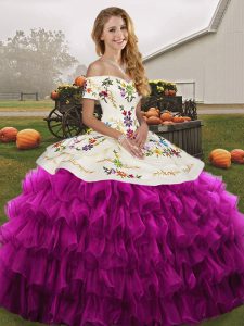 Comfortable Off The Shoulder Sleeveless Organza 15 Quinceanera Dress Embroidery and Ruffled Layers Lace Up