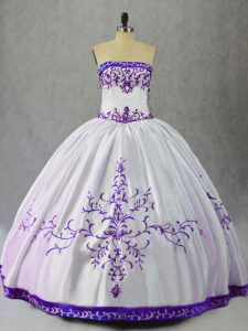 Floor Length Lace Up Quinceanera Gowns White And Purple for Sweet 16 and Quinceanera with Embroidery