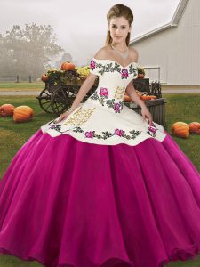 Customized Floor Length Lace Up Sweet 16 Dress Fuchsia for Military Ball and Sweet 16 and Quinceanera with Embroidery