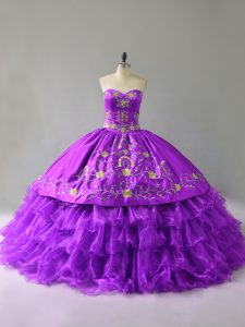 Best Selling Purple Sleeveless Floor Length Embroidery and Ruffles Lace Up Quinceanera Dresses