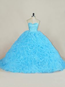 Chic Court Train Ball Gowns Sweet 16 Dress Baby Blue Sweetheart Organza Sleeveless Floor Length Lace Up